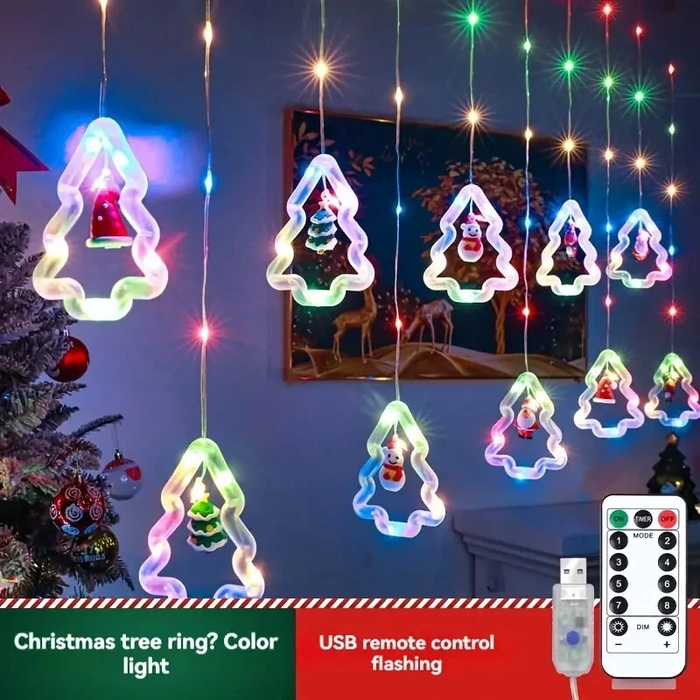 Fairy Christmas Curtain String Lights With Hanging Ornaments Elk,Snowman,Santa